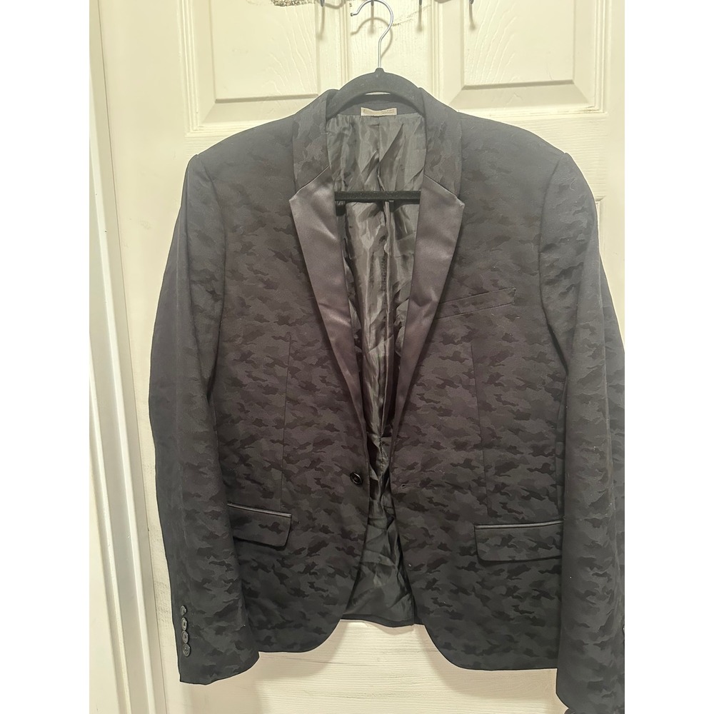 Mens Black Camo Jacquard Blazer Jacket Peak Lapel Size Large Goth Rockabilly